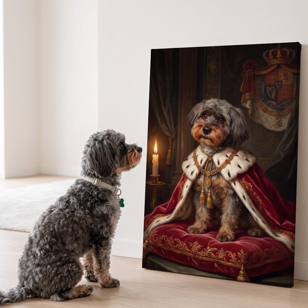 Hundeportrait im königlichen Stil als Ölgemälde auf Galerie-Leinwand, daneben der abgebildete Hund