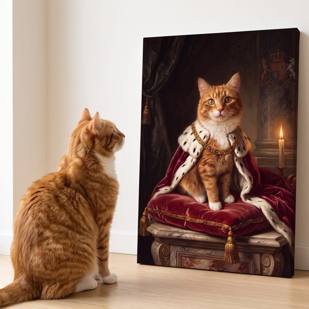 Katzenportrait als Ölgemälde auf Galerie-Leinwand, daneben die abgebildete rote Katze