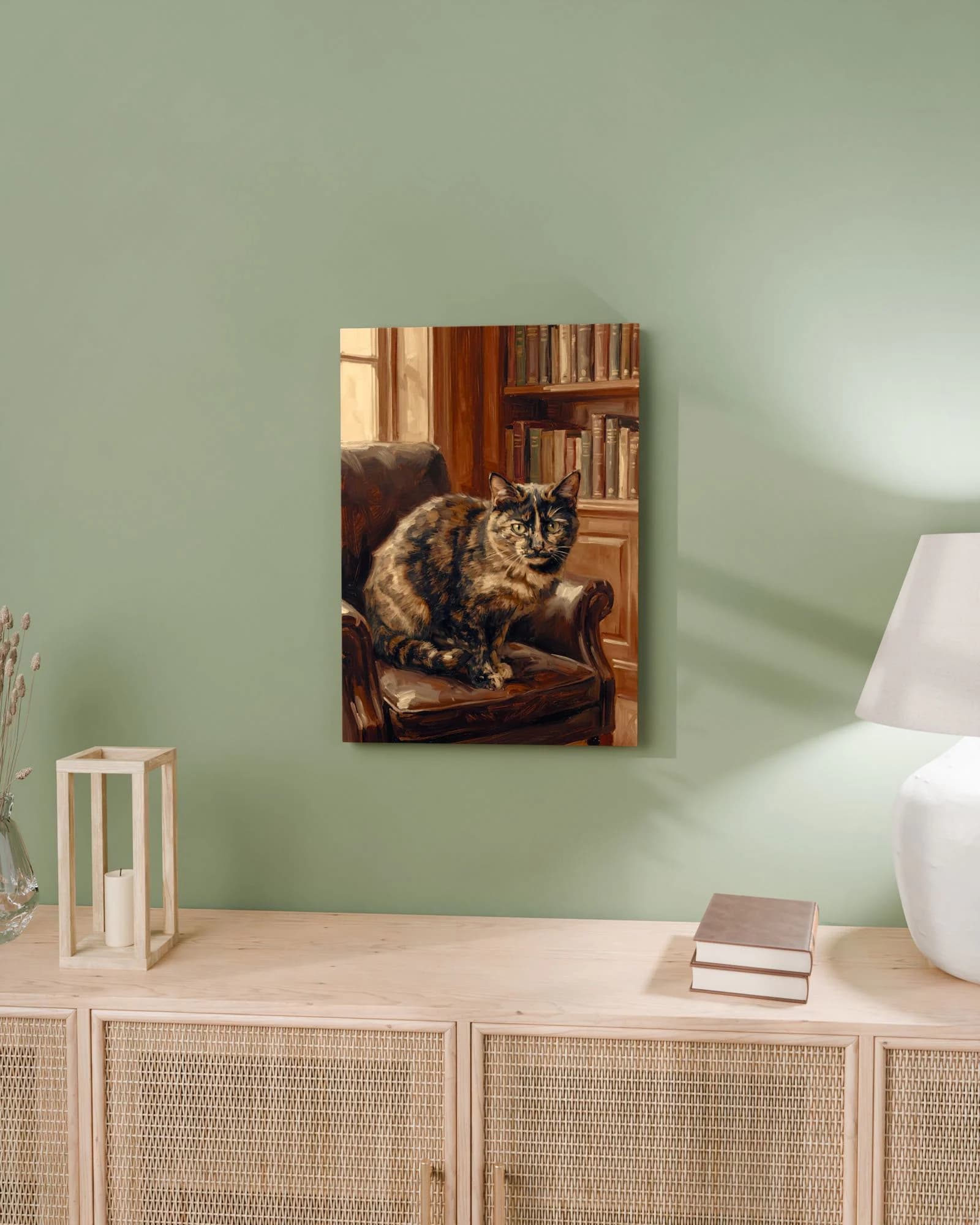 Leinwand 50 × 70 cm mit „Das Atelier“ über einem Rattan-Sideboard im Altbau-Wohnzimmer