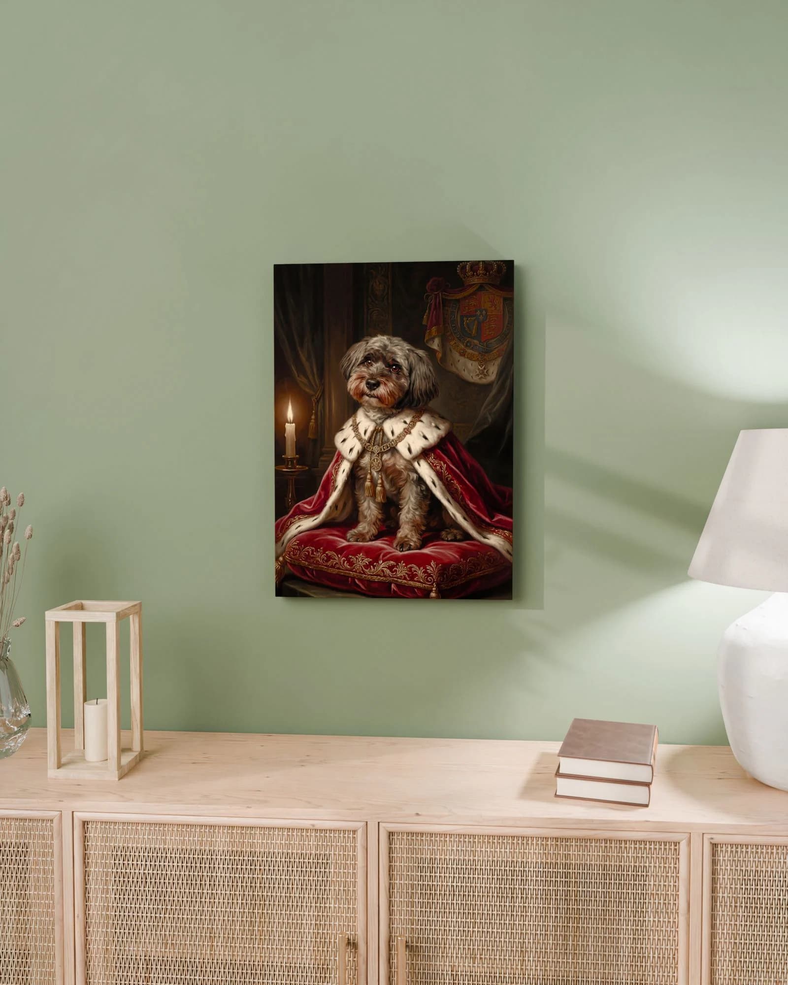 Leinwand 50 × 70 cm mit „Der Thronfolger“ über einem Rattan-Sideboard im Altbau-Wohnzimmer