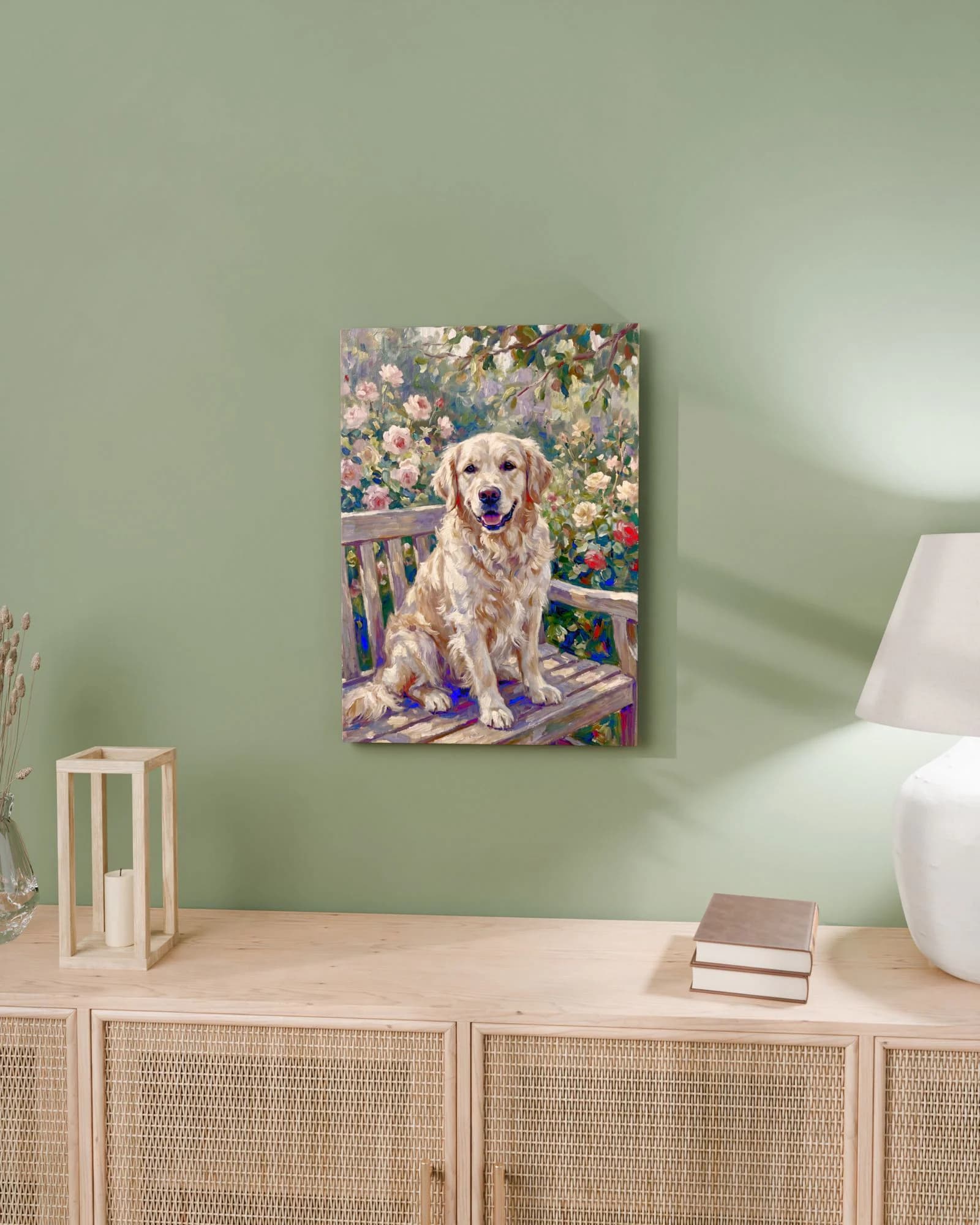 Leinwand 50 × 70 cm mit „Im Sommerlicht“ über einem Rattan-Sideboard im Altbau-Wohnzimmer